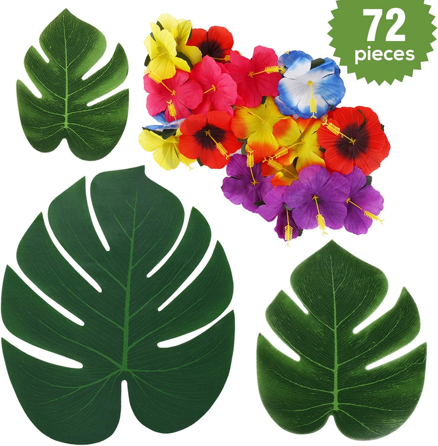 pushang Realistic Silk Hibiscus Flowers & Artificial Palm Leaves Tropical Plants Safari Monstera Leaf Hawaiian Luau Party Supplies for Beach Jungle Aloha Tiki Theme Table Decorations 72PCS