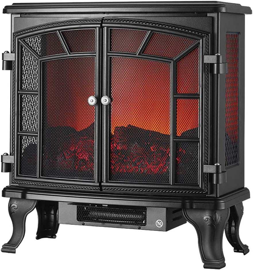 JCX Portable Electric Fireplace Stove Freestanding Fireplace Heating Stove Indoor Heater with Log Burner Flame 2000W (Black)