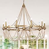 COCOSTAR Large Beaded Dining Room Chandelier,36" French Country Gold Chandeliers,Adjustable Height Modern Bohemia Pendant Lig