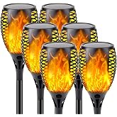 Solar Torch Lights with Flickering Flame Larger Size Halloween Decorations | 6 Pack Upgraded Halloween Solar Lights Outdoor, Waterproof Solar Flame Lights for Garden Patio Pathway Yard Halloween Decor
