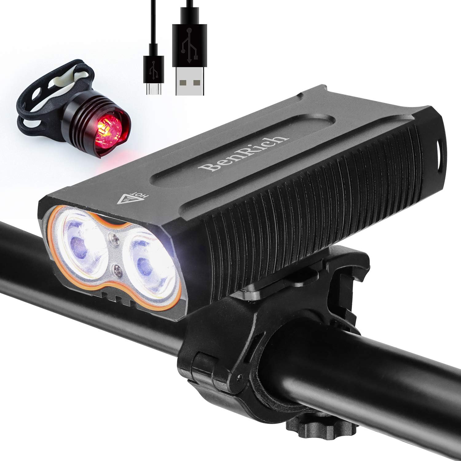 BenRich® 2400 Lumens Bike Light Set USB Rechargeable, IP 65 Waterproof