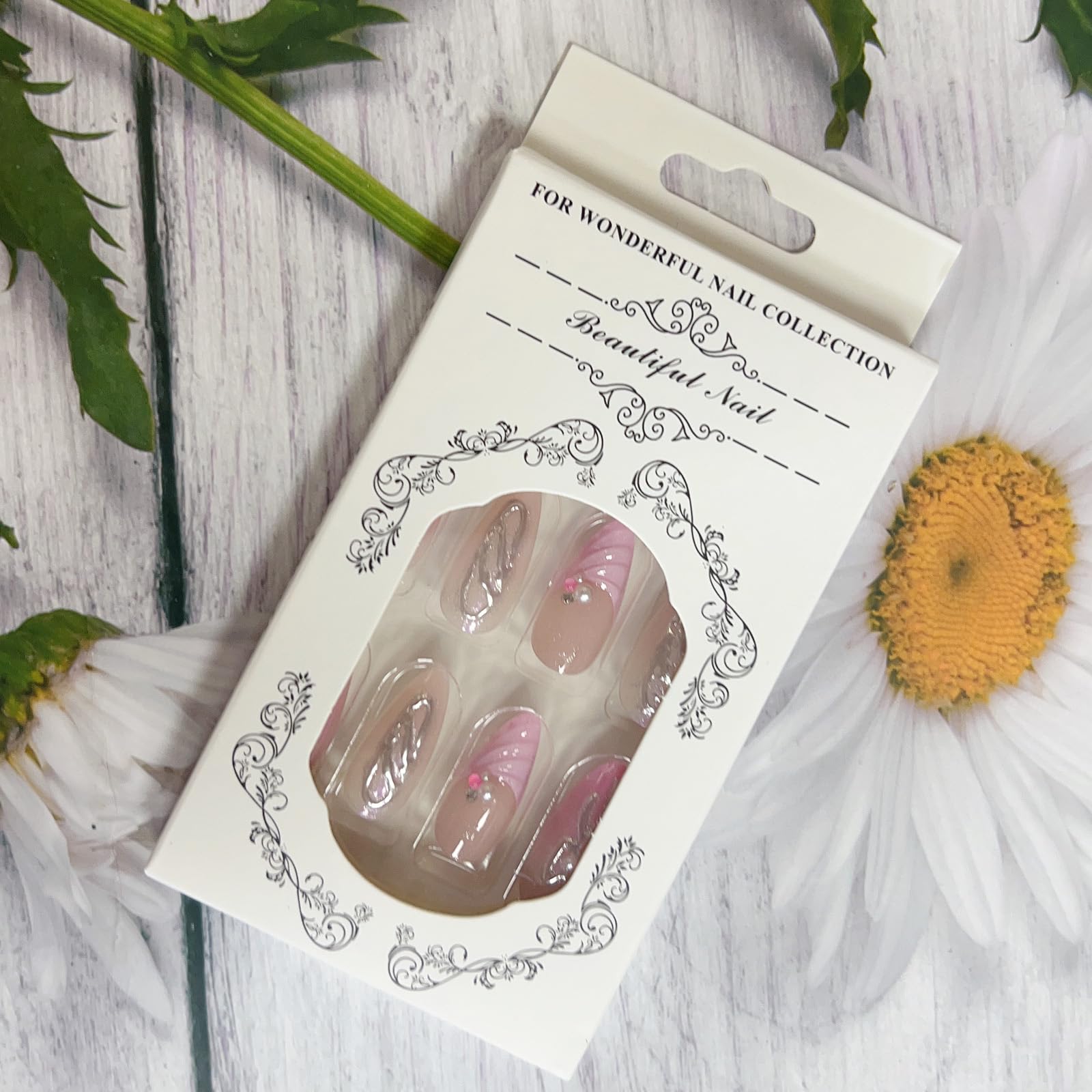 LPOODDNU Handmade Press on Almond Shape Fake Nails - 3D Pink Glue on Nails with Bow-knot Charm Pearl Designs - Glossy Pink False Nails - Cute Stick on Nails - Medium Length for Women, 24Pcs - Image 7