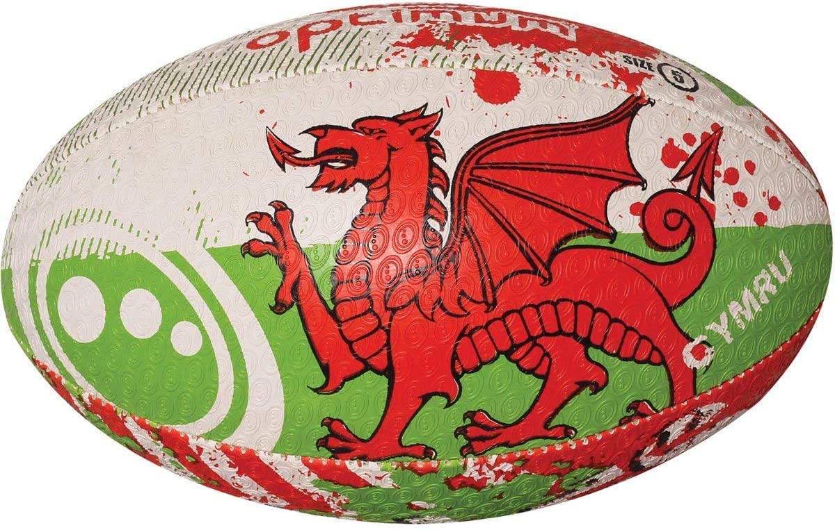Optimum WALES National Rugby Ball- Iconic Style with Great Flight and Air Retention - Rubber Dimpled Surface for Enhanced Grip - 2-Ply 410g Ball, Size 3