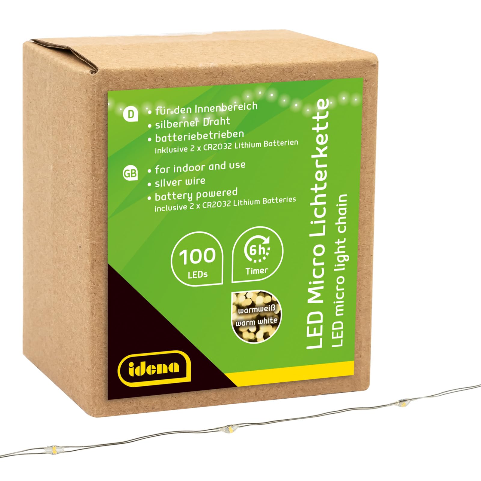 Idena 30185 LED Micro Fairy Lights with 100 LEDs in Warm White, 6 Hour Timer Function, Battery Operated, 10.2 m Long, Decoration for Indoor, Crafts, Party Decoration, Christmas Decoration, Wedding