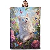 Kibue Cute White Cat Blanket - Soft & Lightweight Cozy Flannel Throw Blanket - Plush Warm Blankets for Sofa, Travel, Bedroom, Office, Home Decor - Ideal Gifts for Adults Kids Women Men 60"×50"