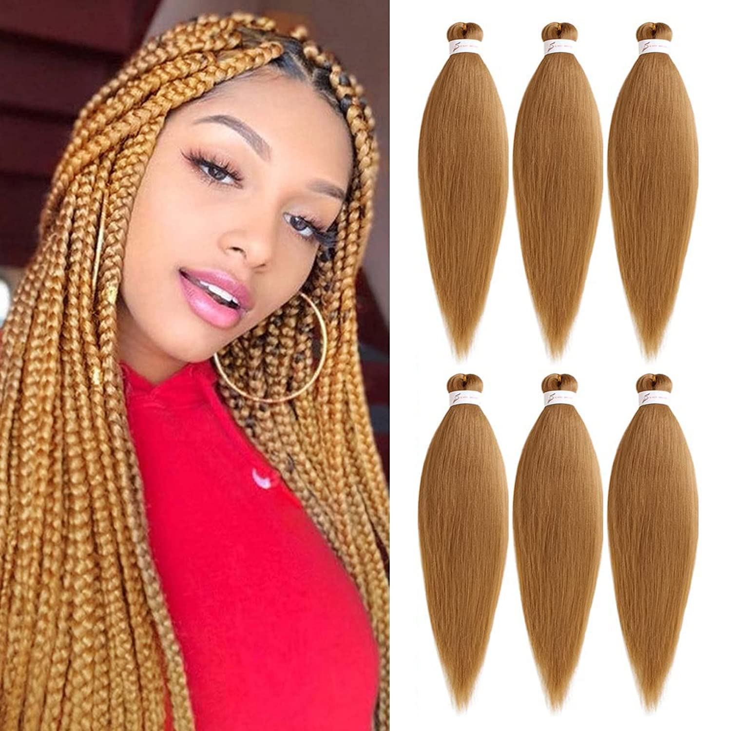 DT CHERYL Pre Stretched Braiding Hair, 6 Pack Blonde Braided Hair extension 26 inches Synthetic EZ Braid Hot Water Styling Braid Yaki Texture Pre-stretched Hair for Braiding Braids 27#