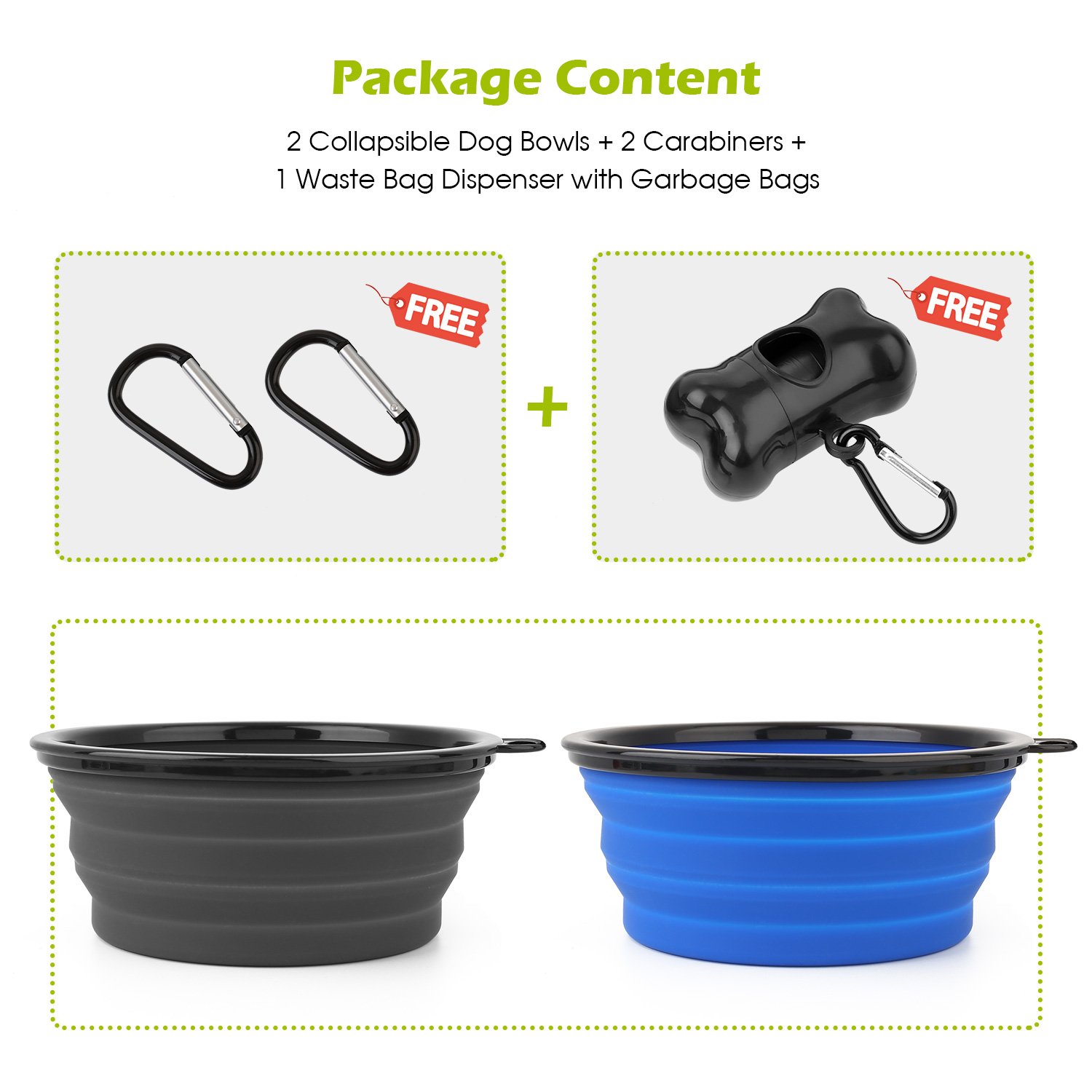 Collapsible Dog Bowl 2 Pack for Large & Small Pet Feed Food Water Feeding Silicone Foldable Expandable Portable Travel Camping Bowl with 2 Carabiner Blue and Gray