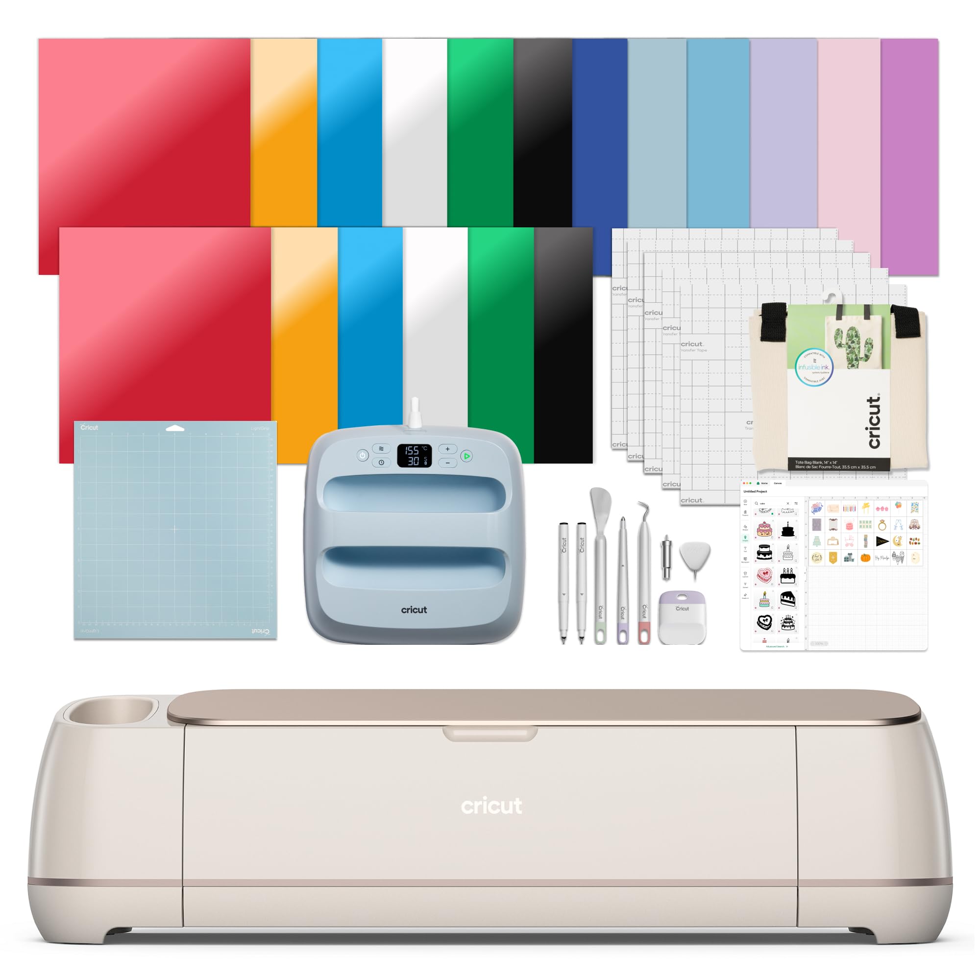 Cricut Maker 4 - Smart Cutting Machine (Seashell) | Engagement Plus Bundle - Includes EasyPress 3 Heat Press (9x9) + Mat, Tote Bag, Material Samplers, Machine Mat, Pens, Tools, & 30 Digital Images Image