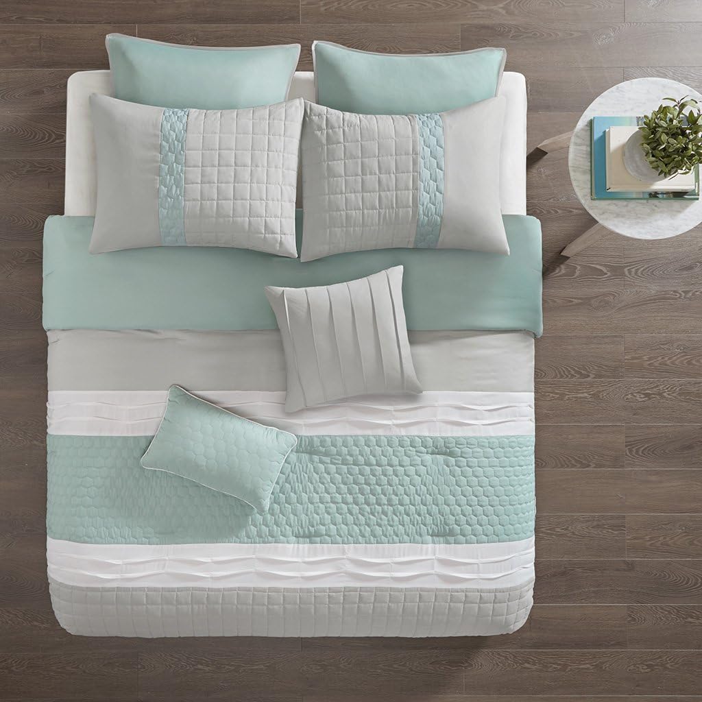 510 DESIGN Tinsley 8 Piece Ultra Soft Quilted Comforter Set Bedding, Queen Size, Seafoam/Grey: Home & Kitchen