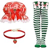 MUKOSEL Strawberry Costume Accessories Set-Strawberry Hat Thigh High Socks Necklace for Halloween Cosplay