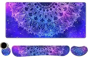 AIMSA Keyboard Mouse Pad Set, Large Gaming Mouse Pad +Wrist Rest Mouse Pad +Keyboard Wrist Support +Coaster, 35x15.7 inch Extended Desk Mat for Easy Typing Pain Relief (Blue Purple Mandala)