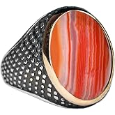 KAMBO Handmade 925 Sterling Silver Unisex Ring with Natural Agate Gemstone, Vintage Statement Jewelry, Unique Design, Gift for Men or Him, Elegant Gemstone Silver Band