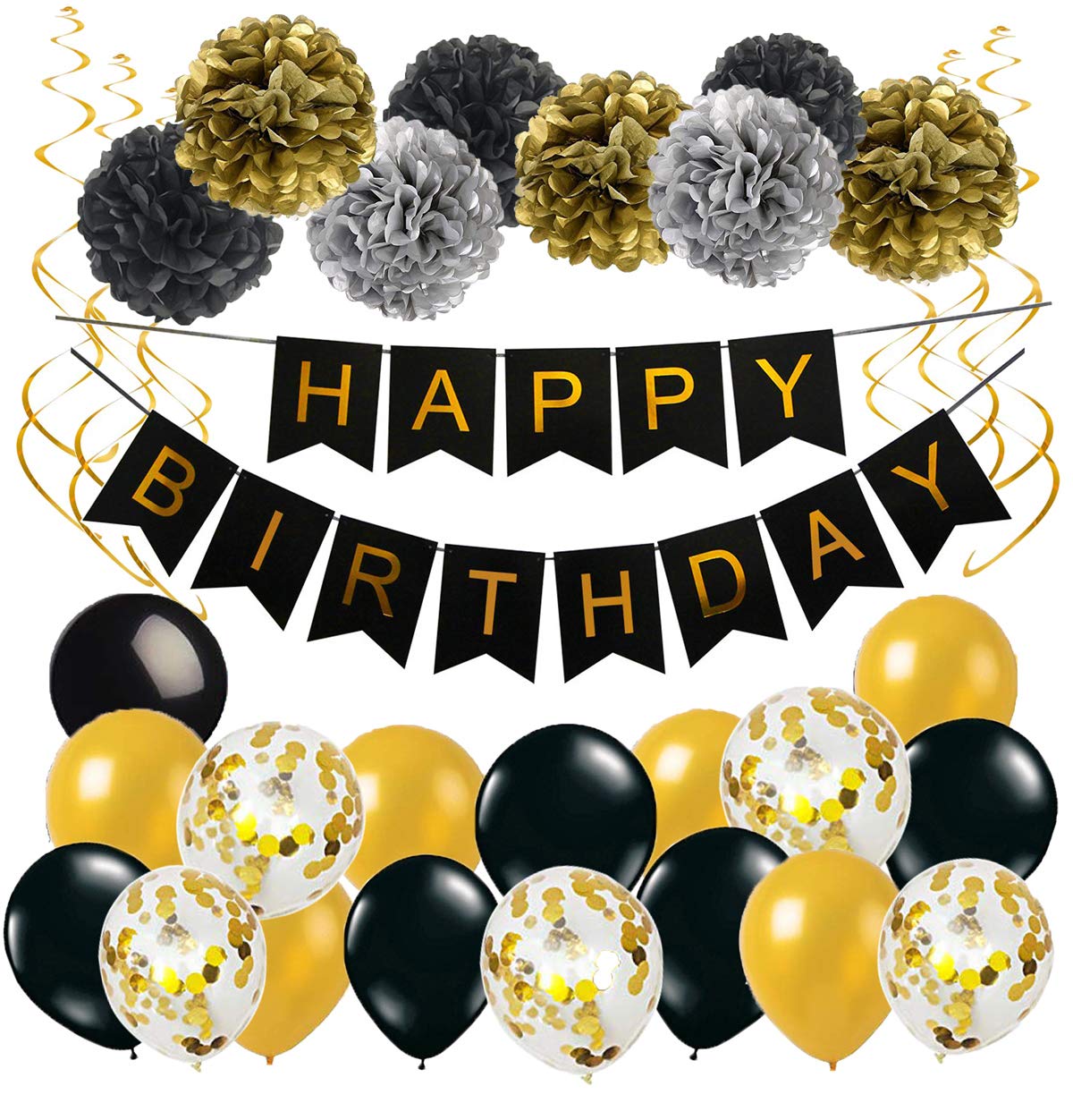 Black And Gold Party Decorations Happy Birthday Banner Confetti