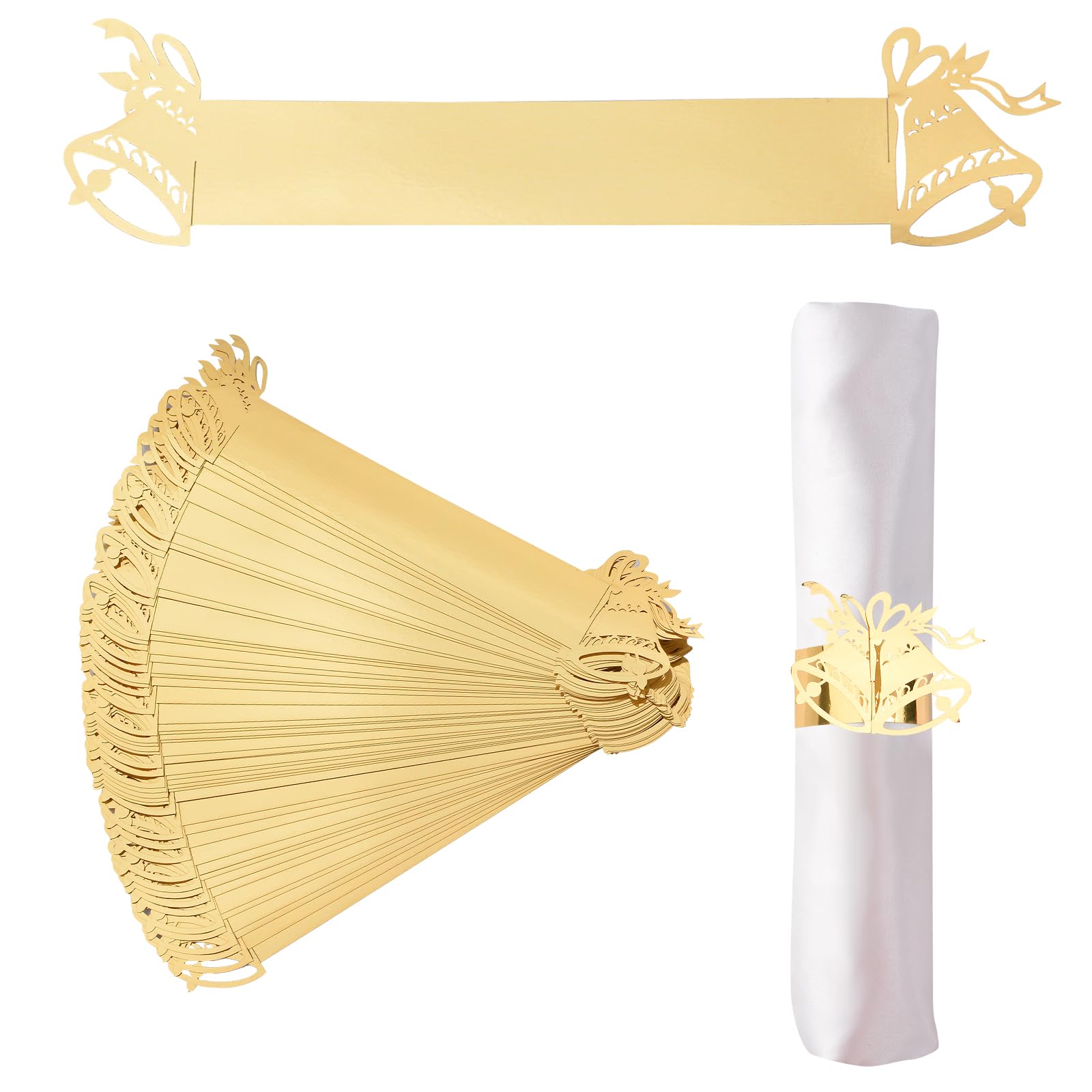 URROMA Christmas Napkin Rings, 50 Pcs Reflective Gold Christmas Bell Napkin Ring Holder Household Napkin Buckle for Table Decor, Wedding, Xmas, Party Dinner, Thanksgiving