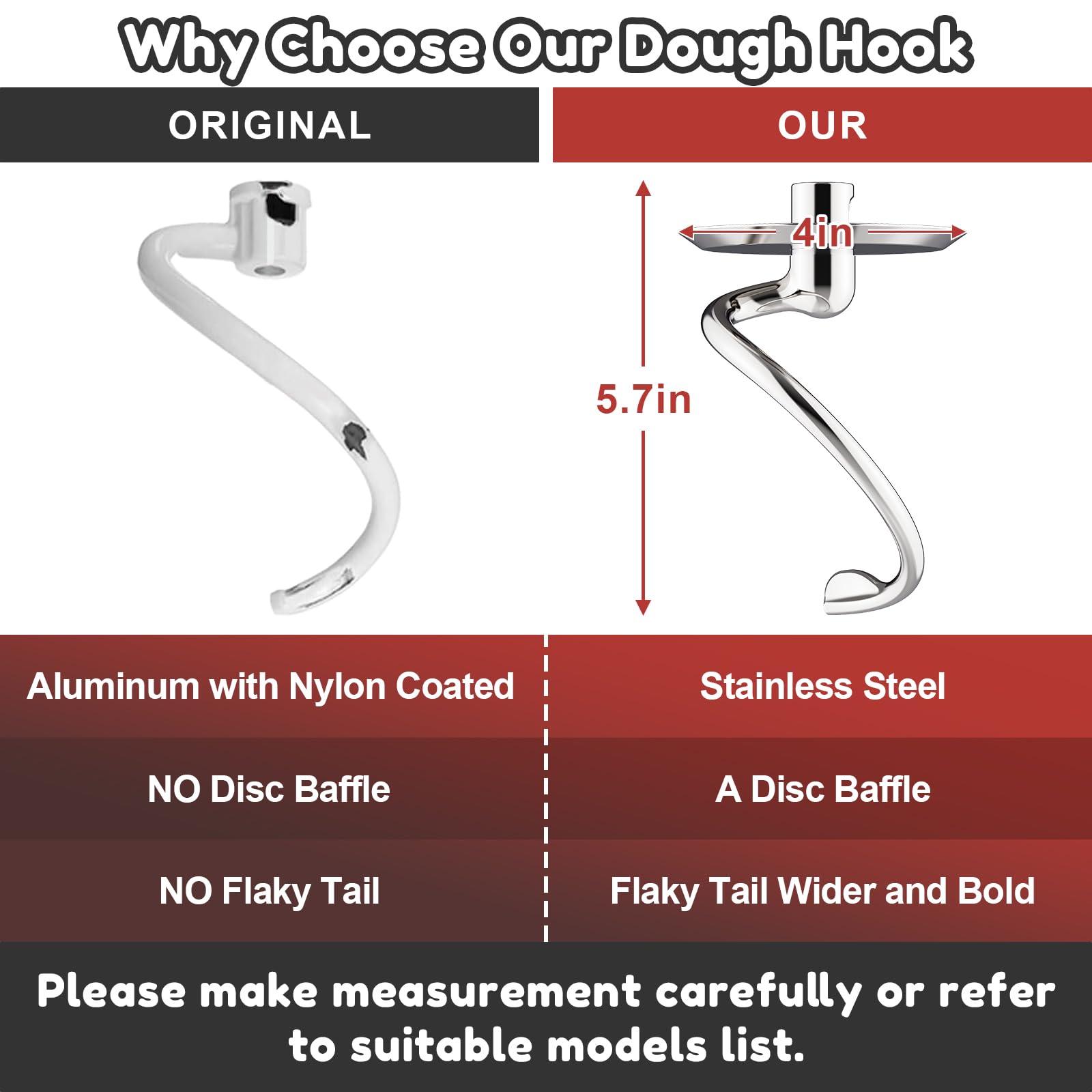 GVODE Stainless Steel Spiral Dough Hook for KitchenAid Stand Mixer, Bread Hook Attachment Fits 4.5-5 QT Mixing Bowl for Tilt-Head Stand Mixers, For KitchenAid Stand Mixer Accessories, Dishwasher Safe