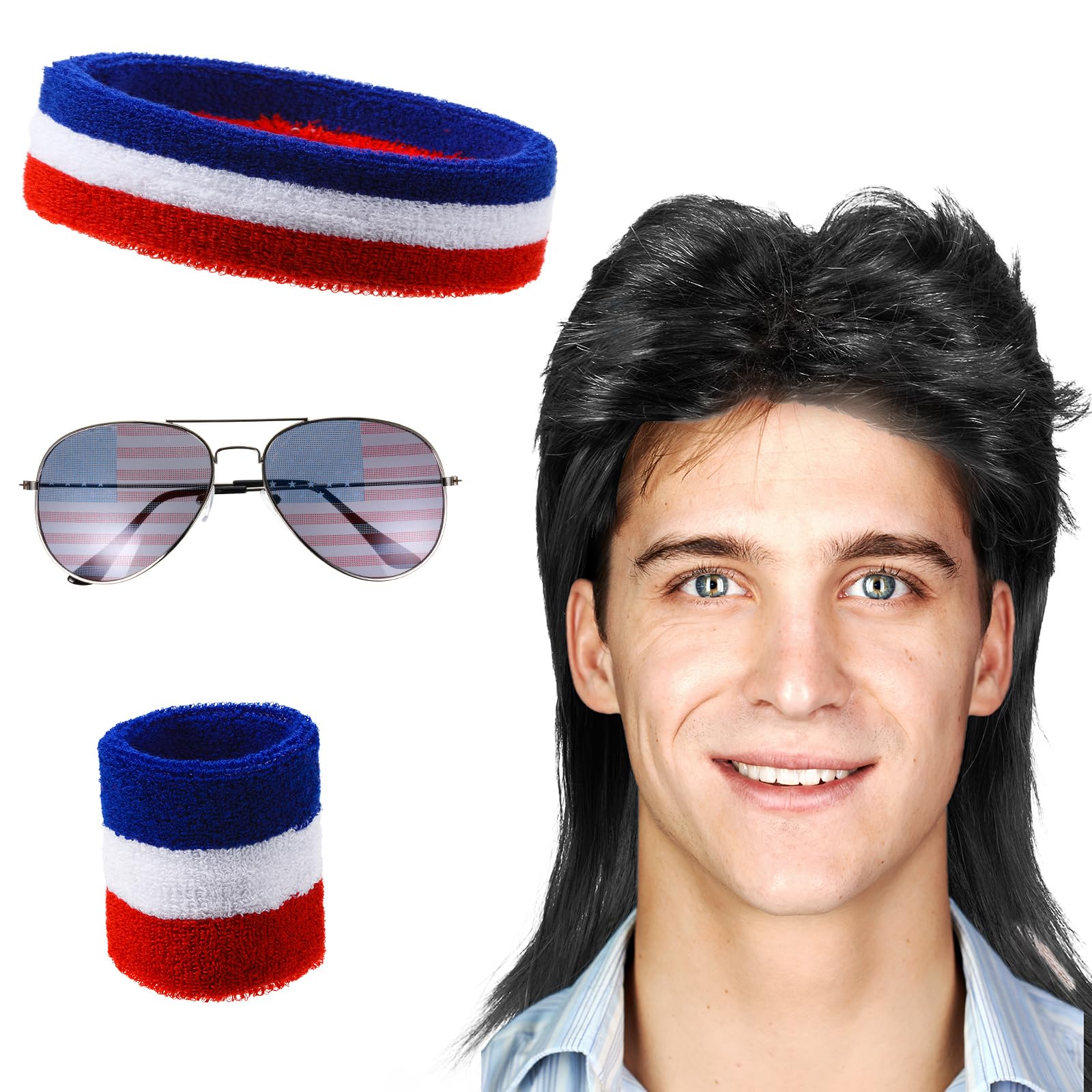 Photo 1 of ********THE GLASSES ARE MISSING******* Mullet Wigs Cosplay Halloween Costume 80s Men's Mullet Wig with Patriotic Sunglasses & Wristband for Fancy Dress(Black)