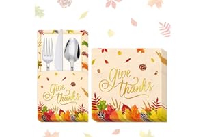 AYSIMPLE 72Pcs Fall Thanksgiving Disposable Napkins and Cutlery Holders Set 24Pcs Give Thanks Paper Silverware Holders 48Pcs Fall Harvest Maple Leaves Napkins Thanksgiving Party Decorations