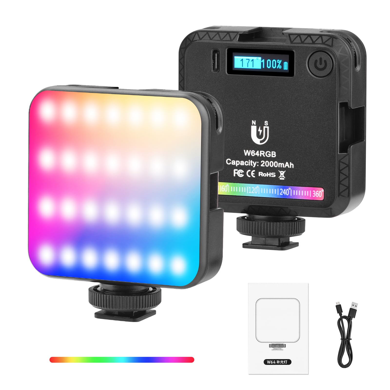 64W RGB Video Lights, Magnetic LED Camera Light 360° Full Color Portable Photography Lighting w 3 Cold Shoe, 20 Scene Modes/2000mAh/CRI 95+ 2500K-9000K, Portable Selfie Lighting Small Panel Lamp