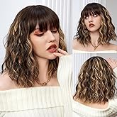 WTHCOS Short Bob Wig Brown Mixed Blonde Wig Short Curly Wavy Wigs With Bangs for Women Bob wig Heat Resistant Synthetic Hair Wigs for Daily Use Cosplay Wig With wig Cap