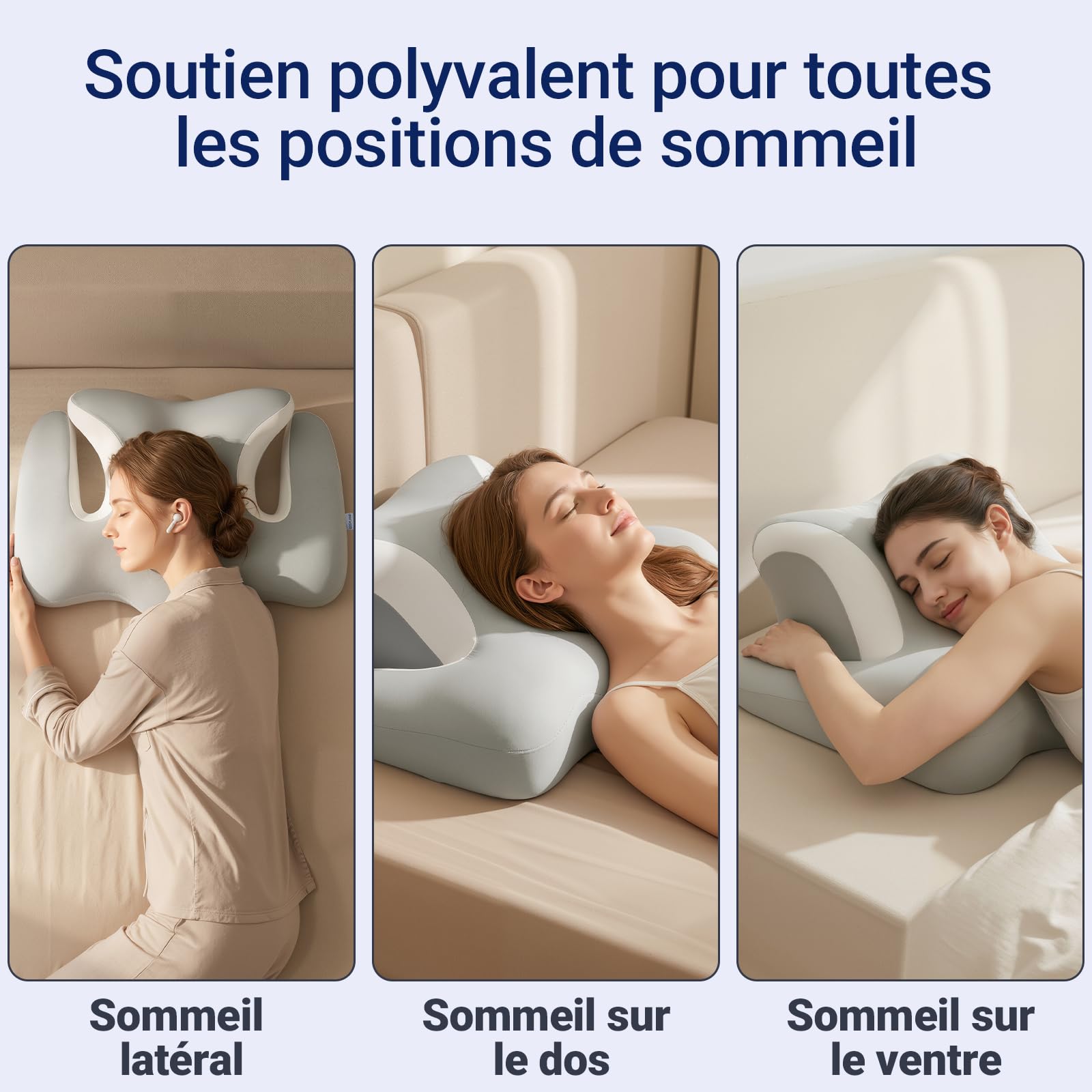 Oreiller Ergonomique Cervical Mémoire de Forme – Coussin Cervicales Douloureuses, Modèle Papillon avec Cavités d’Oreilles, Soutien pour la Nuque, Housse Lavable, Gris