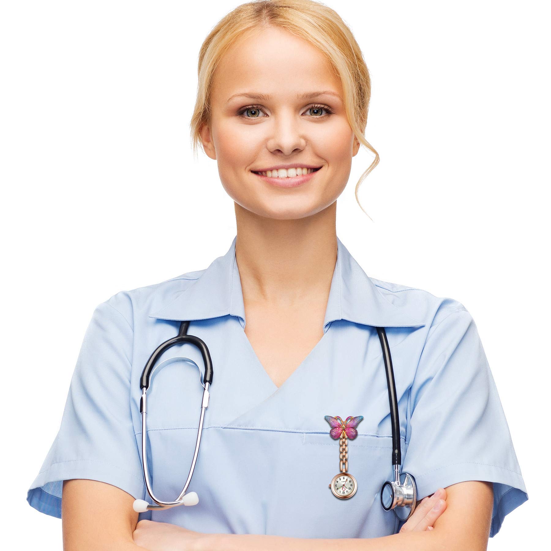Lancardo Women Butterfly Brooch Nurse Watch Set Pin-On with Secondhand Stethoscope Lapel Fob Pocket Badge Watches for Doctor Nurse Easy to Read