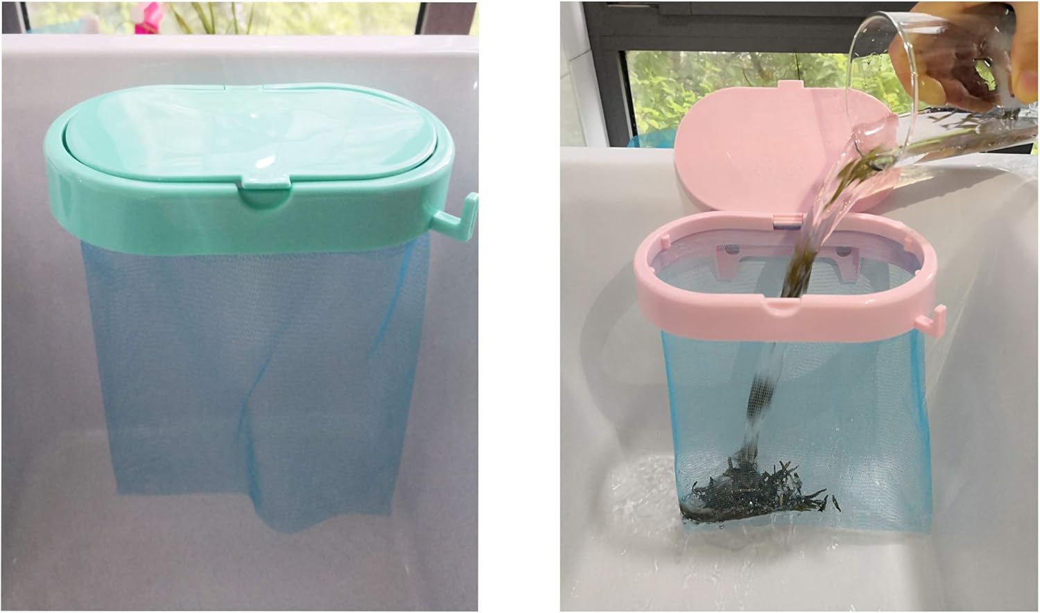 TSTZTE Hanging Trash Garbage Bag Holder, Strainer Trash Can, Sucker Clamshell Sink Garbage Bag Holder with Cover, Garbage Bag Holder for Kitchen & Bathroom, Plus 50 Pcs Strainer Bags (Pink): Industrial & Scientific