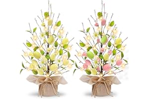 TURNMEON 2 Pack Lighted Easter Egg Tree Tabletop Easter Decorations 40 LED 18 Colorful Eggs 12 Flowers 20 Berries 112 Floral Berries Battery Operated Artificial Tree Easter Decor Home Indoor Spring