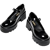Elvora Women's Mary Jane Shoes - Platform Mary Janes for Women, Black Leather Round Toe Chunky Dress Shoes with Adjustable Ankle Strap