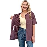 RAGEMALL Post Mastectomy Shirts with Drain Pockets Surgery Recovery Must Haves Clothing Comfy Front Zip Up Short Sleeve Tops