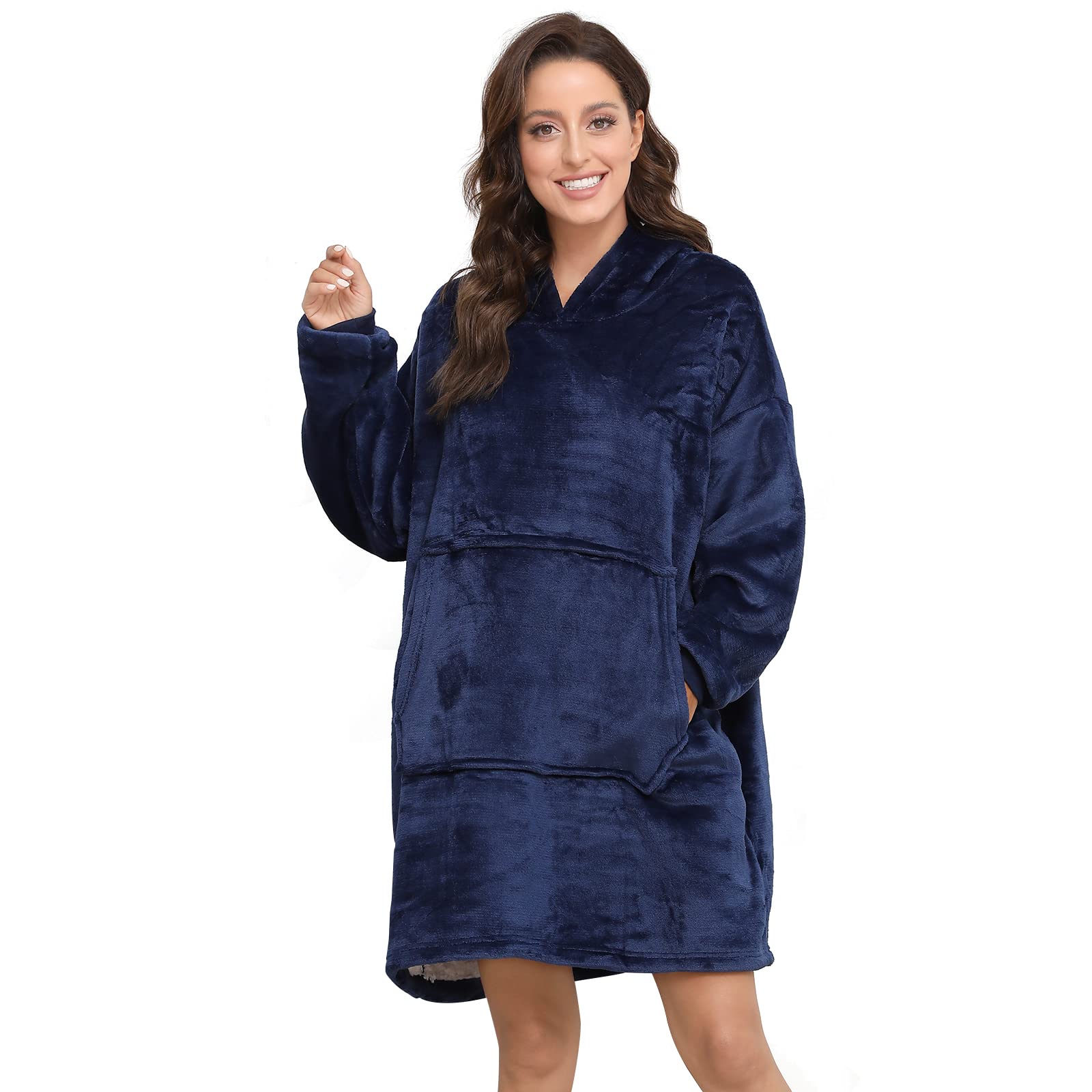 Sendowtek Hoodie Blanket for Women, Oversized Wearable Blanket Loose Style Soft Warm with Giant Pocket Plush Fleece Cosy Pajama Jumper oodie Blanket Fit for Adults Women Men Teens (Navy blue)