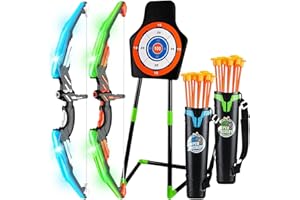 TeganPlay Bow and Arrow Set for Kids 2-Pack LED Light Up Archery Set with 20 Suction Cup Arrows Archery Toy Set with Standing Target & 2 Quivers Indoor & Outdoor Toy for Boys Girls Children Ages 3-12