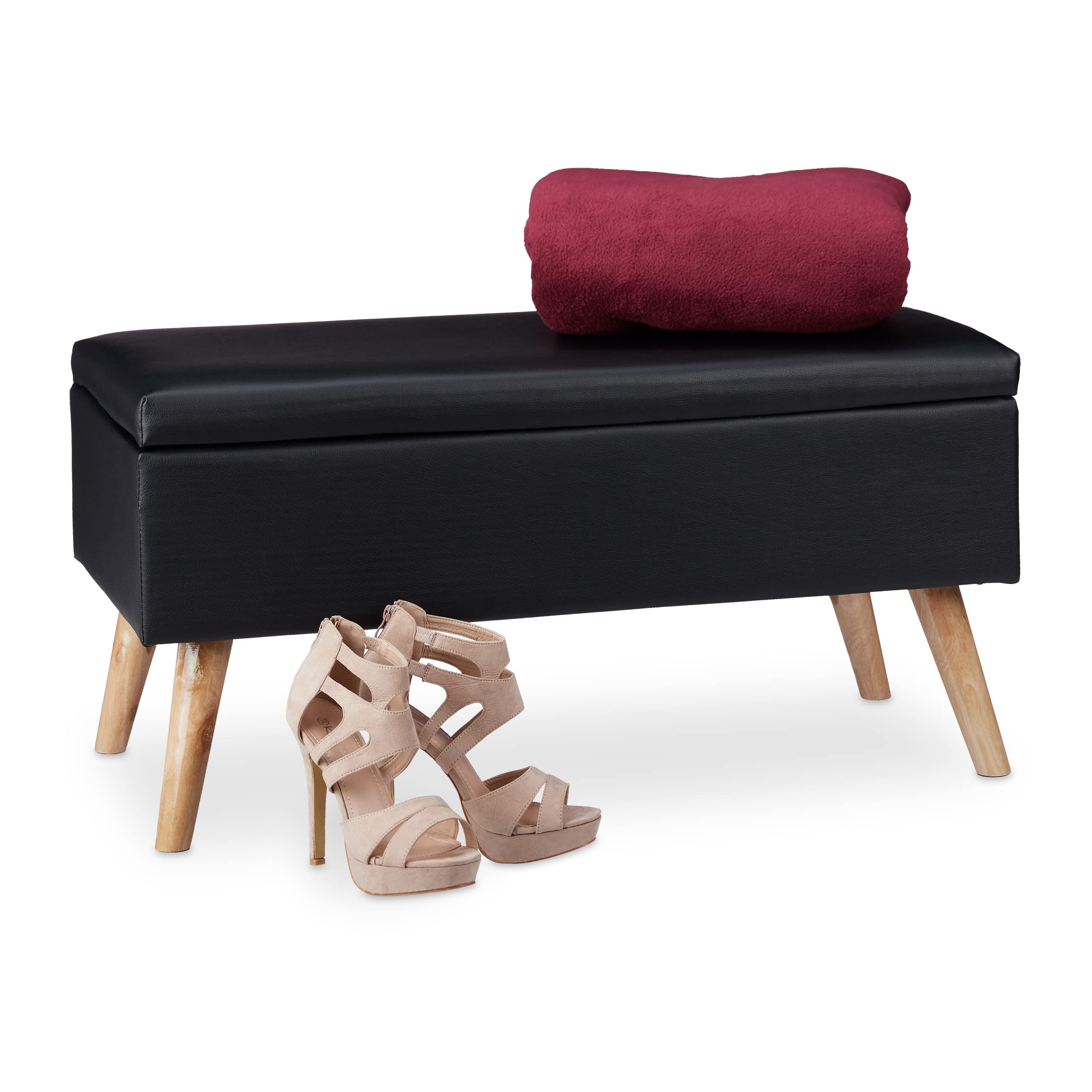 Relaxdays Hallway Storage Bench, 40L, Padded Faux Leather Trunk, Wooden Legs, HxWxD: 40 x 80 x 39.5 cm, Black