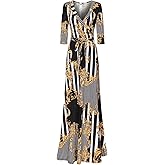 Bon Rosy Women's Super Stretchy Maxi Party Dress Spring Floral Print Faux Wrap 3/4 Sleeve V-Neck