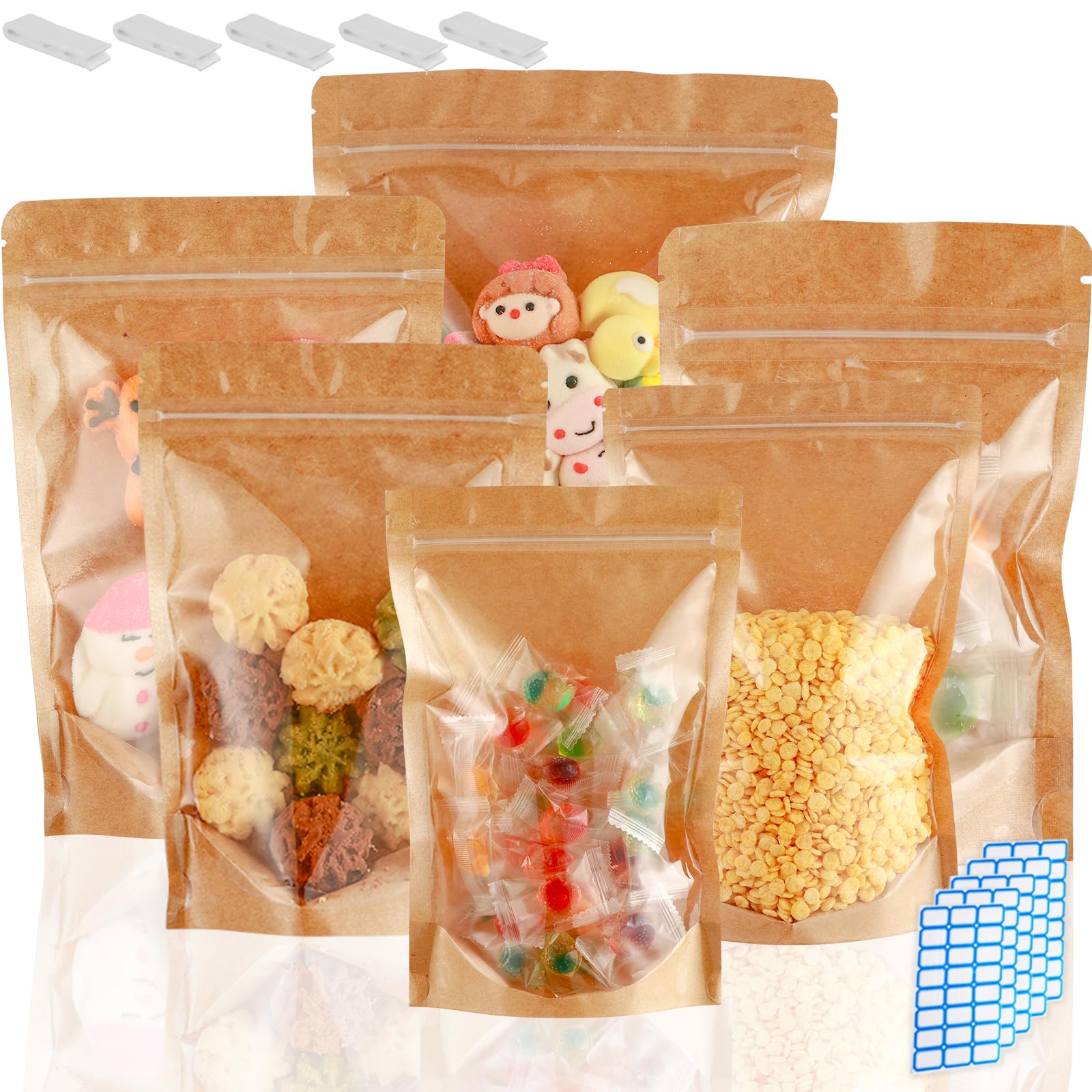 Photo 1 of 150-Pack Kraft Paper Bags with Clear Window 4" x 6" Reclosable Small Stand Up Mylar Bags for Food Storage Resealable Smell Proof Pouch, Edible Packaging, Reusable bags for Small Business