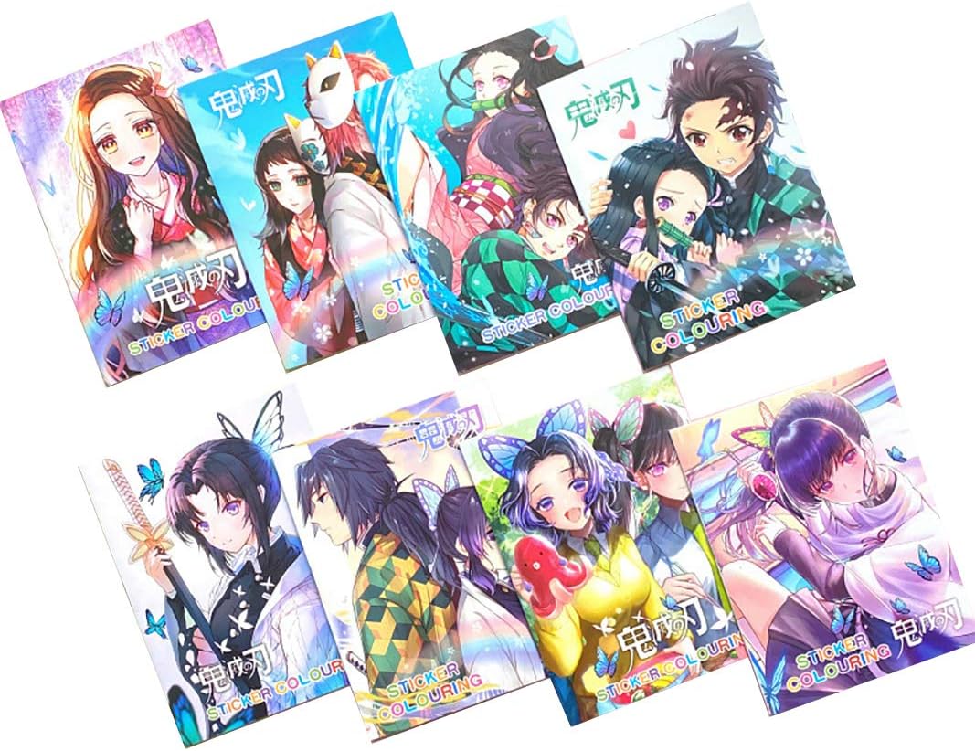 Amazon Chwsdt子供の塗り絵a6漫画鬼滅の刃絵本の着色 落書きの着色 ステッカー付きの手描きの原稿 文房具の着色の本 贈り物 8冊入 ぬりえ おもちゃ