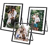 HSAUYU Glass Picture Frame Set of 3, Black Simple Metal Geometric Photo Frame with Glass Cover Includes 5x7, 4x6, 4x4 - Tabletop Floating Picture Frames for Home Decoration, Gift for Father's Day