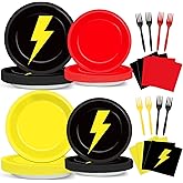 96PCS Red Black Yellow Birthday Party Decorations Cartoon Game Paper Plates Napkins Lightning Tableware Supplies Cartoon Animated Dinnerware for Birthday Table Party Favors