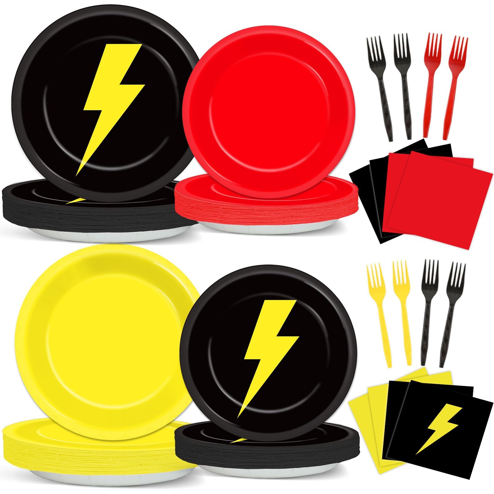 Photo 1 of 96PCS Red Black Yellow Birthday Party Decorations Cartoon Game Paper Plates Napkins Lightning Tableware Supplies Cartoon Animated Dinnerware for Birthday Table Party Favors