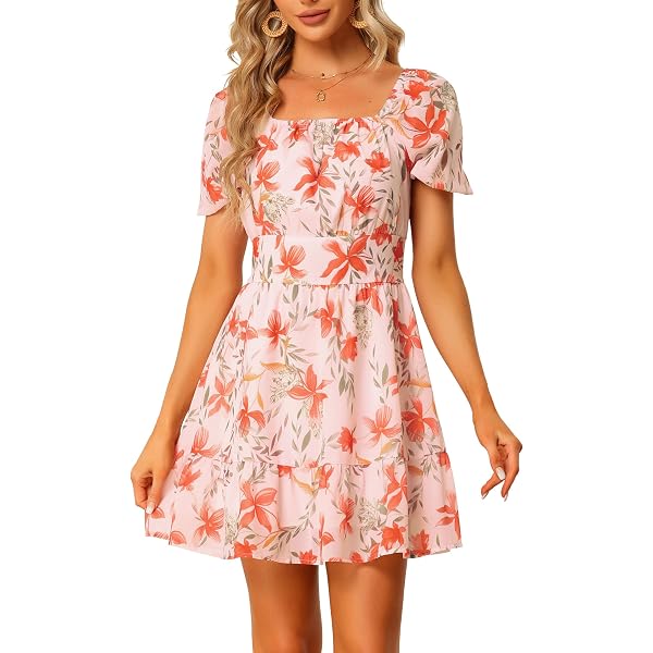 Allegra K Women's Floral Mini Dress - Ruffled Sleeve, Square Neck, Pleated Front Casual Dress - View #6