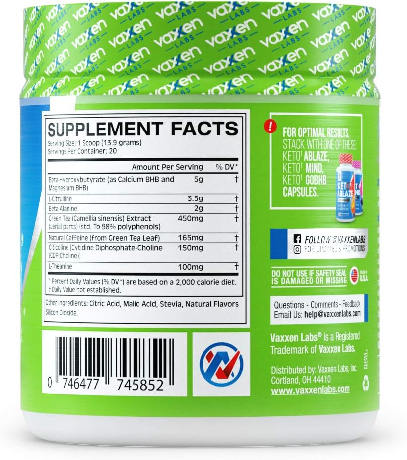 Vaxxen Labs Keto1 Ketogenic Preworkout – 278g, 20 Servings of Natural Caffeine Sources Like Green Tea Extract for Energy, Nootropics for Mental Focus, Pump Ingredients, and BHB to Stay in Ketosis: Health & Personal Care