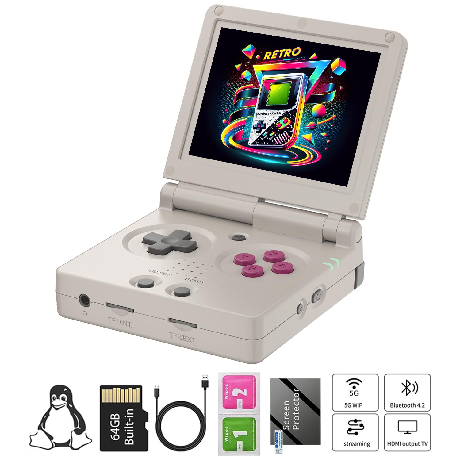 Anbernic RG35XXSP Consola de juegos retro portátil RG 35XXSP Pantalla IPS de 3,5 Precarga de tarjeta TF de 64 GB 4400 juegos electrónicos, soporte de batería de 3300 mAH WiFi Bluetooth HD (gris NUEVO)