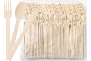 Hedume Set of 300 Natural Bamboo Utensils (100 Forks, 100 Spoons, 100 Knives) Disposable Bamboo Cutlery, Biodegradable and Co