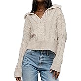 LANSALIRO Women's V Neck Cable Pullover Sweaters Casual Long Sleeve Cropped Knitted Tops