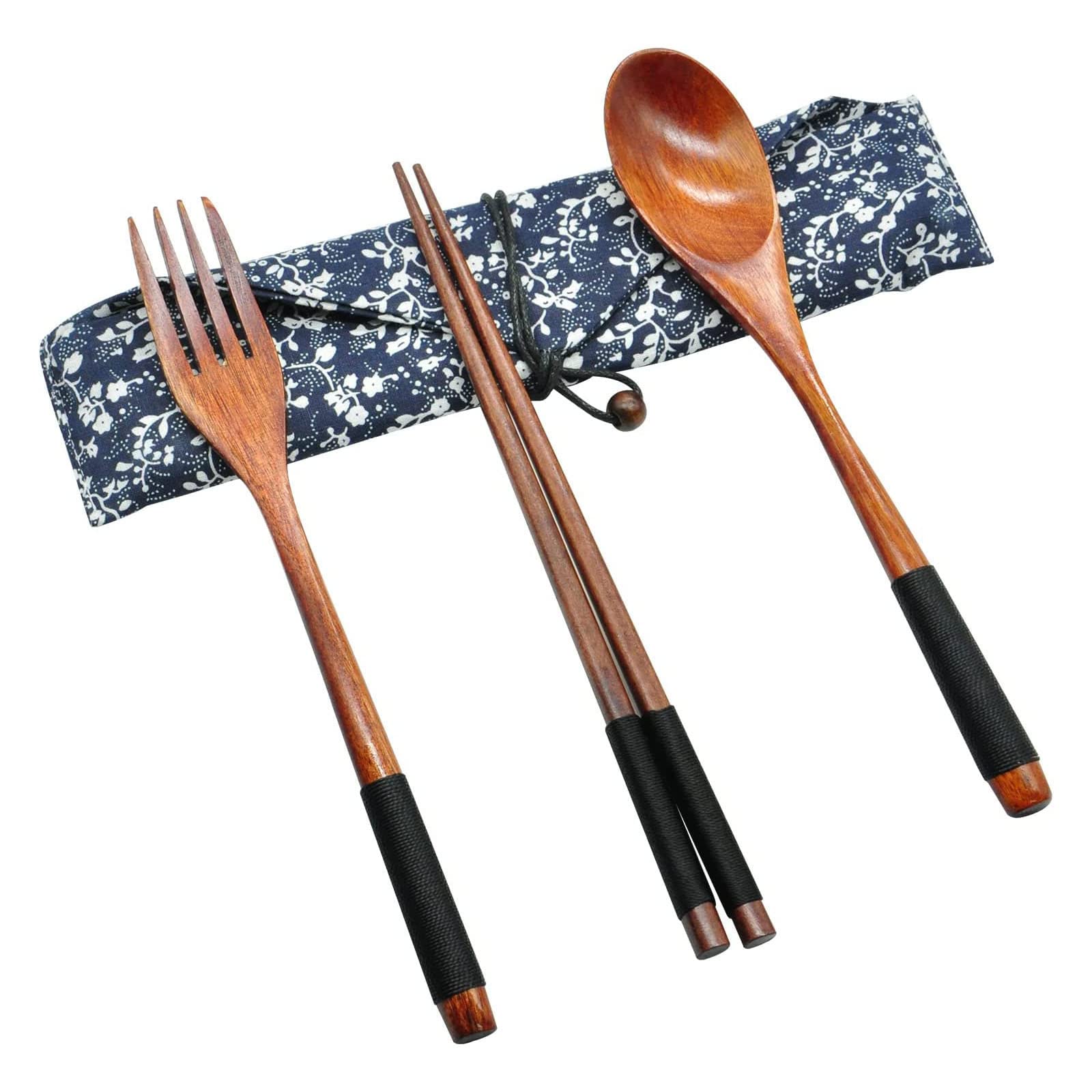 Wooden Cutlery Set, Japanese Style Wooden Chopsticks Fork and Spoon Portable Cutlery Set with Case for Camping Pinic Travel Work