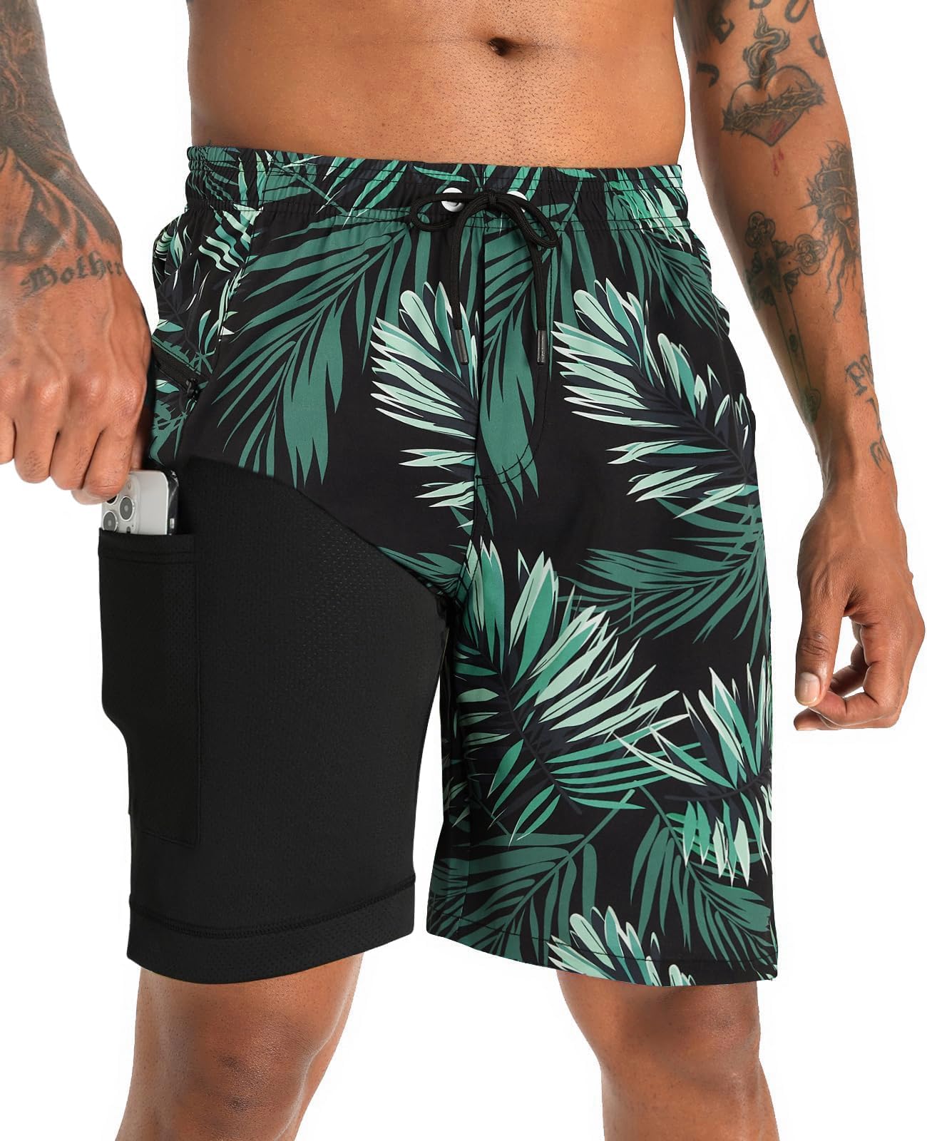 APTRO 2 in 1 Men's Swim Trunks 9" with Zipper Pockets Bathing Suit Built-in Board Shorts Swimwear Long Shorts Palm 3X Image