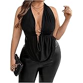 OYOANGLE Women's Plus Size Metal Ring Linked Plunge Neck Halter Crop Top Open Back Ruched Party Tops