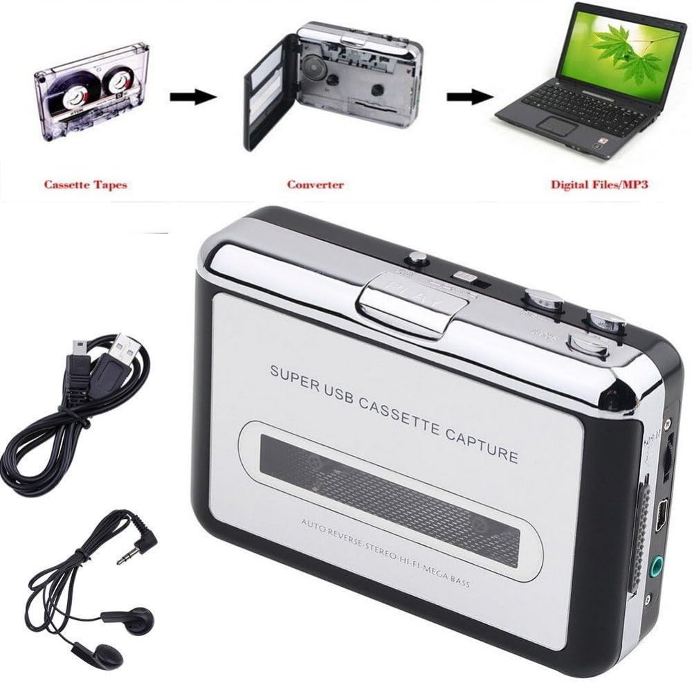 YOTOCAP Portable Super USB Cassette Capture, Cassette to MP3 Converter, Cassette Tape-to-MP3 to PC Player with Headphones, Auto-Reverse Function, with Software, Play as Walkman, Silver Color