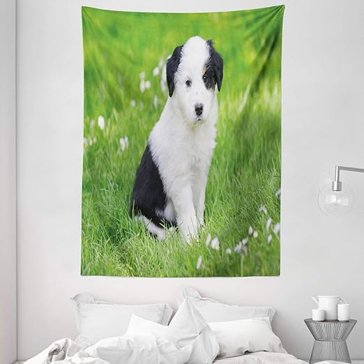 Amazon Com Lunarable Nursery Tapestry Baby Dog Sitting On Green Grass Meadow In Springtime Daisy Flower Nature Wall Hanging For Bedroom Living Room Dorm Decor 60 X 80 Black White Green Home