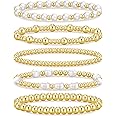 Gold Beaded Bracelets for Women, 14K Real Gold Plated Jewelry for Women Dainty Pearl Bead Bracelets Stack, Non Tarnish Trendy Stackable Ball Cross Stretch Bracelet Set Fashion Accessories Gifts for Women