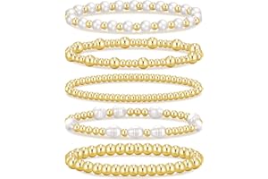 IF YOU Gold Beaded Bracelets for Women, 14K Real Gold Plated Jewelry for Women Dainty Pearl Bead Bracelets Stack, Non Tarnish Trendy Stackable Ball Cross Stretch Bracelet Set Fashion Accessories Gifts